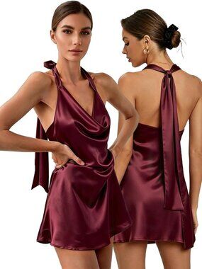 Elegant Backless Mini Dress - Satin Halter Cowl Neck, Thick Draped Fabric